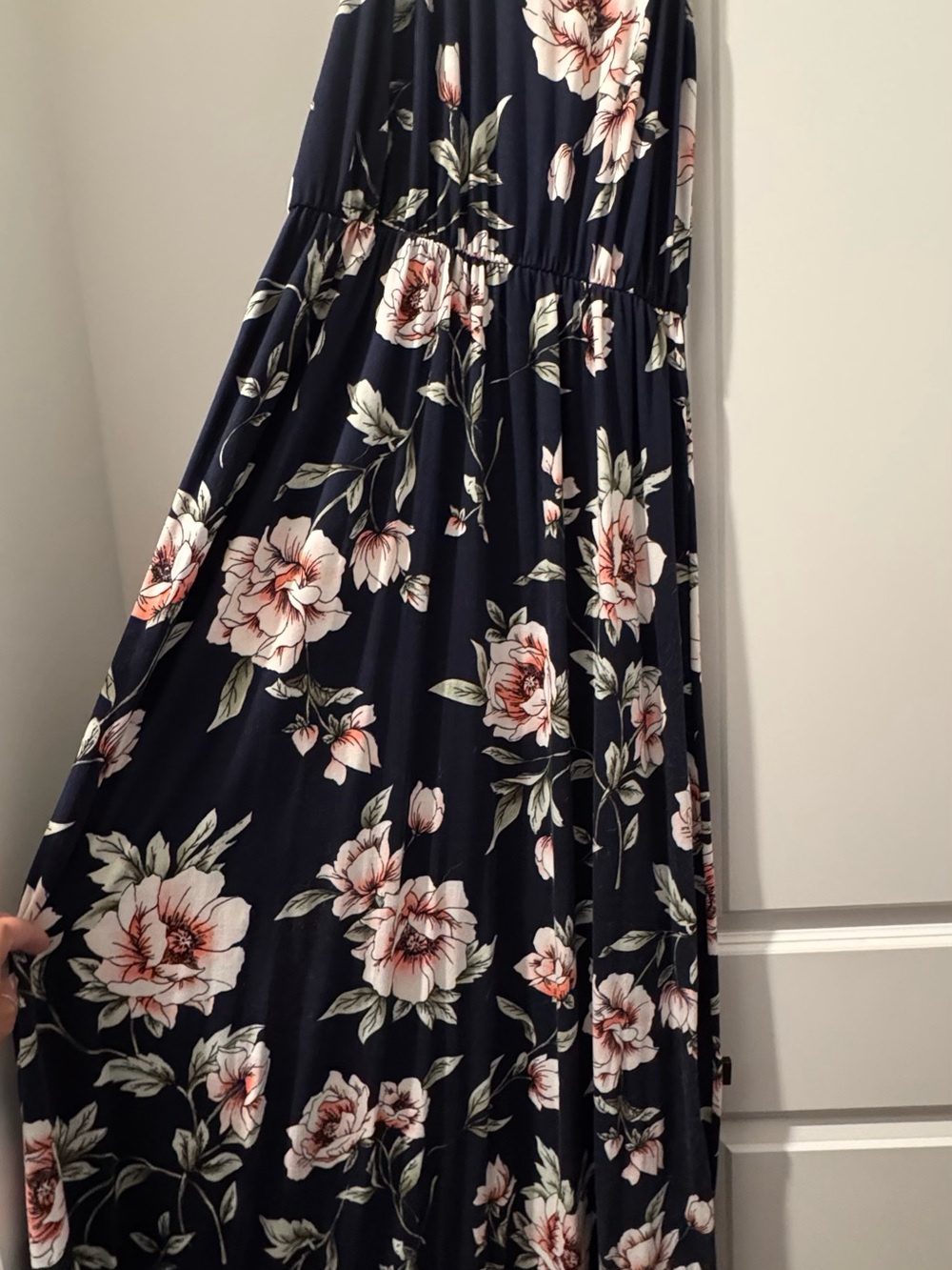 French Grey Navy Maxi Skirt with Pink Floral Print
